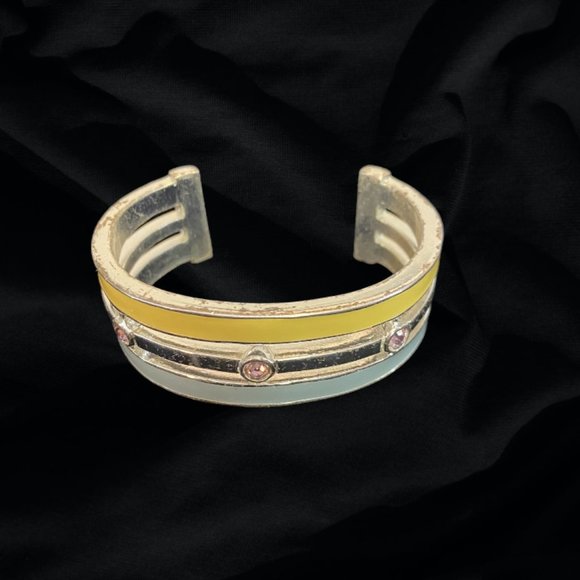Metal Wrist Cuff in Blue, Yellow, and Silver with Pink Rhinestones - Picture 5 of 8